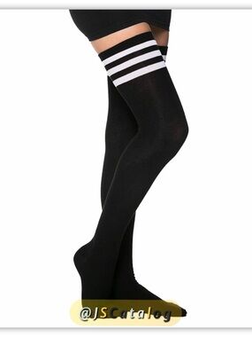 JSCatalog Black Thigh-High Socks with White Athletic Stripes